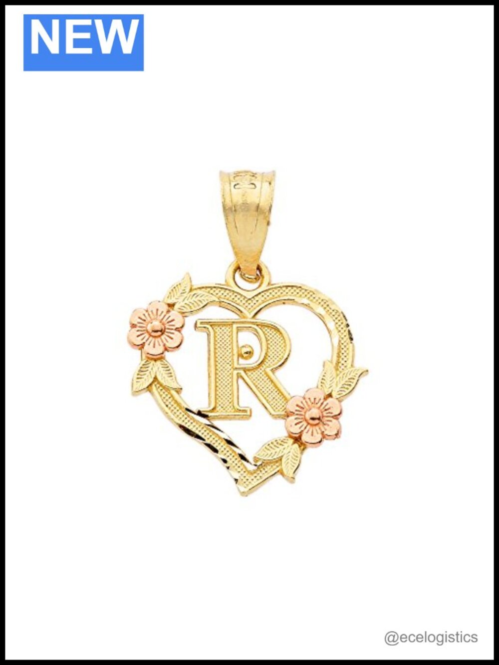 10k Two-Tone Gold Heart Initial Pendant Letter R